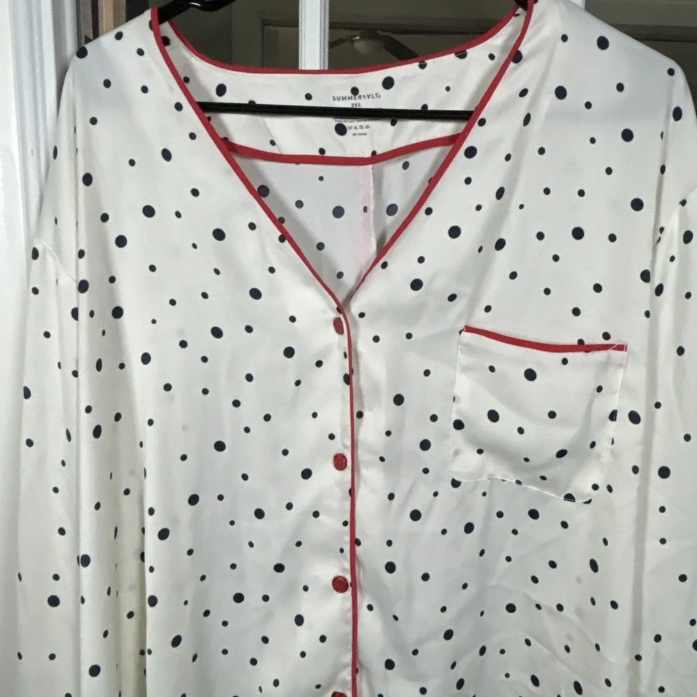 Summersalt‎ Polka Dot Satin Pajama Set White Navy Pink Piping 2XL Loungewear